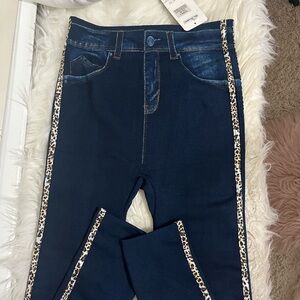 Stylish Blue Jeans Leggings with Leopard Trim